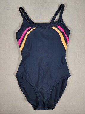 Aqua Sphere Siena Size 34 USA 8 Black Pink Orange Striped One Piece Swimsuit
